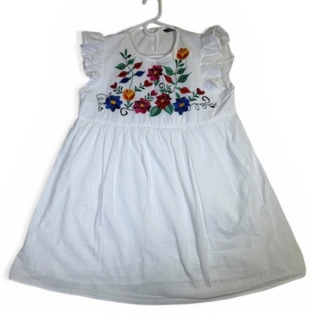 White Floral Embroidered Mini Dress Babydoll Large Cotton Ruffle Sleeve by SHEIN